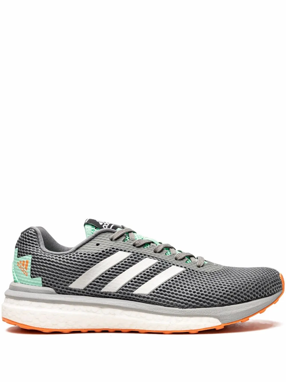 Gray mesh low-top sneaker with three white stripes, mint accents, and orange sole