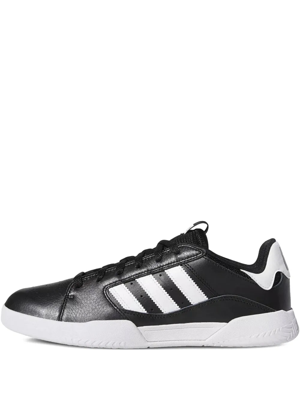 Black leather adidas sneaker with three white stripes and lace-up design.
