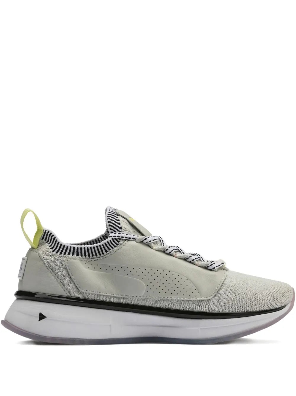 Grey lace-up sneaker with striped collar, perforated toe, and lime green heel pull tab