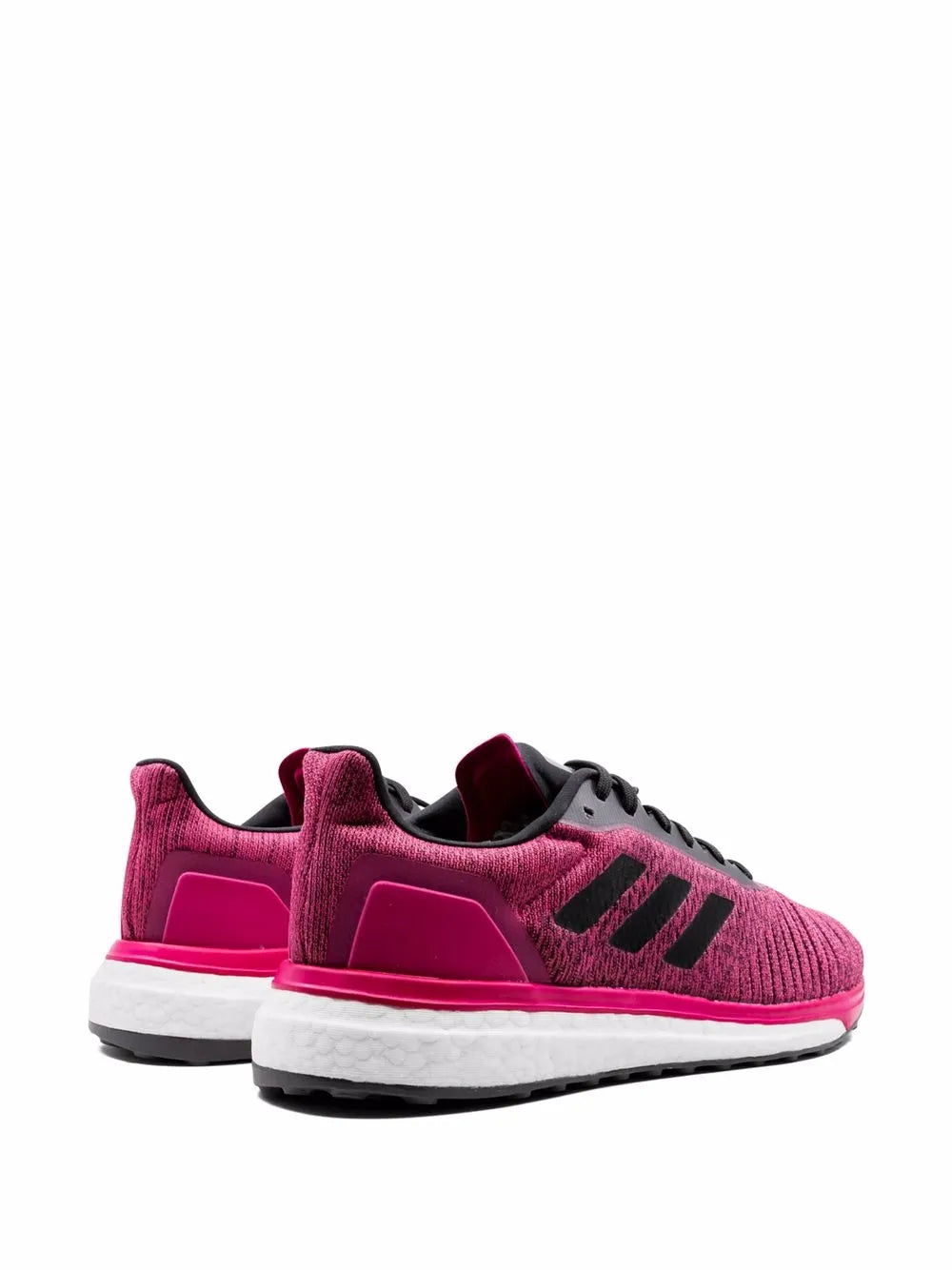 adidas low-top athletic sneaker, heel and side view, magenta knit with black sole