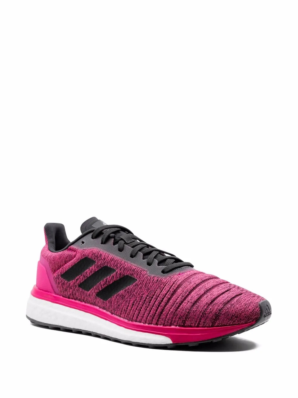 adidas low-top athletic sneaker, side view, magenta knit with black accents