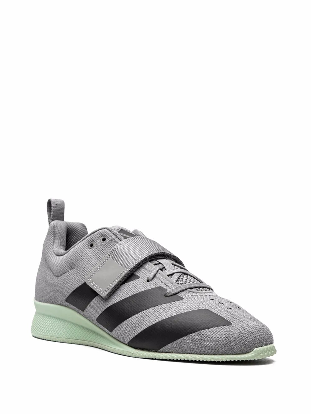 Light gray weightlifting shoes, lace-up front, three dark adidas-style stripes, mint sole