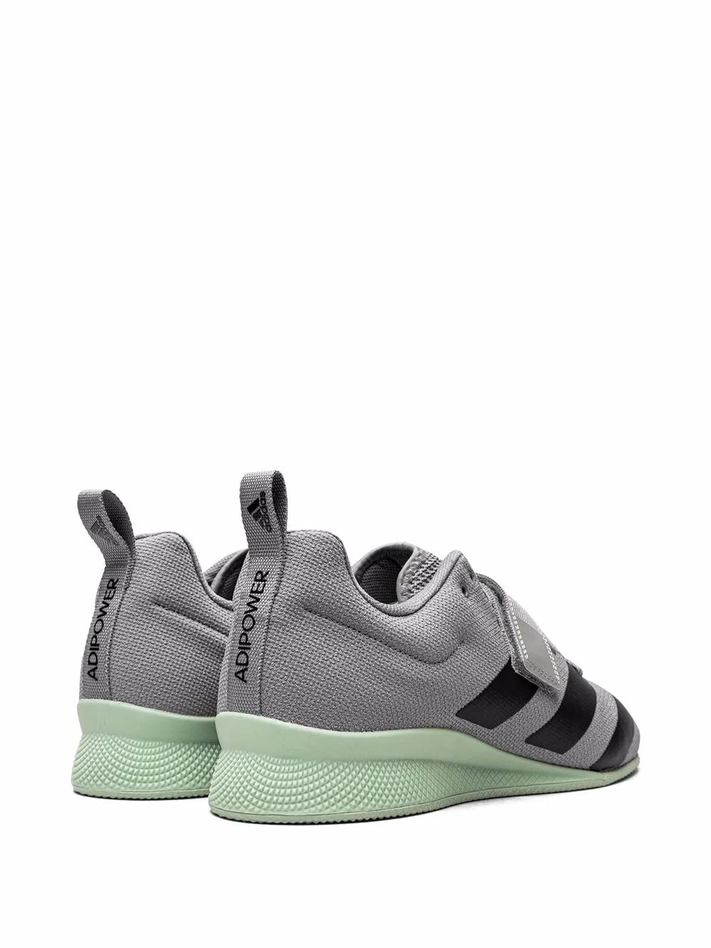 Light gray weightlifting shoes with ADIPOWER heel strap and dark side stripes, mint sole