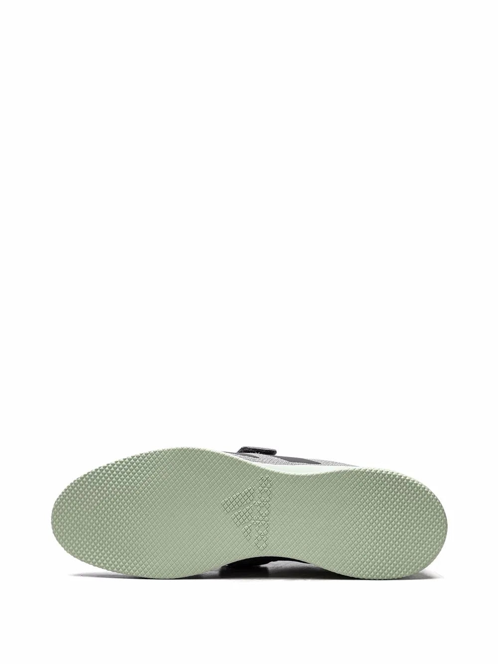 Mint green outsole and heel of light gray weightlifting shoes with ankle strap