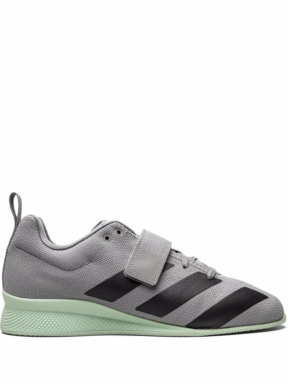 Light gray weightlifting shoes with dark straps, hook-and-loop ankle strap, mint sole