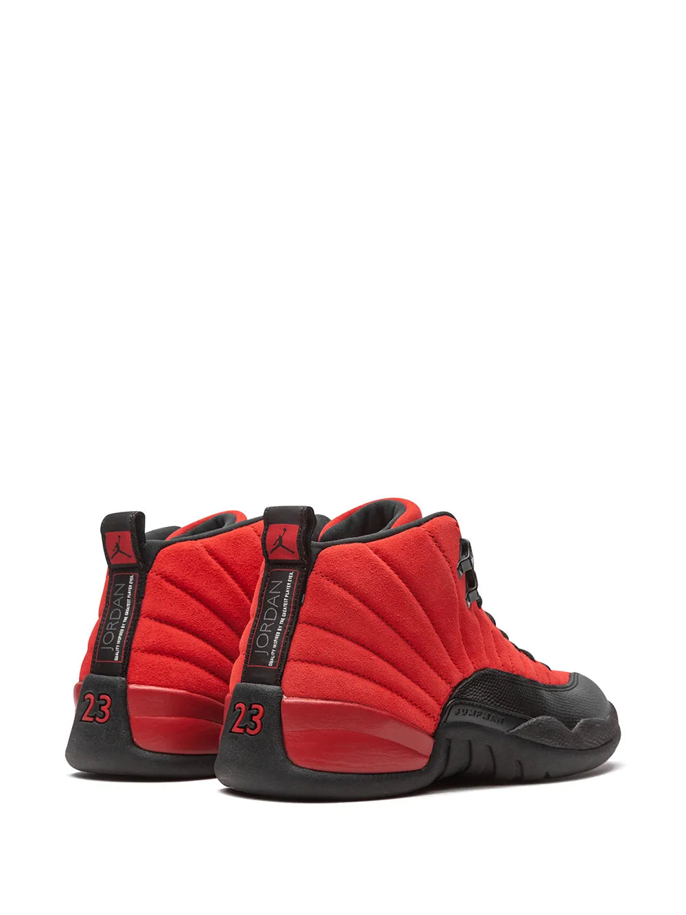 Air Jordan 12 Retro sneakers pair view, red uppers with black ankle panels and 23 tags