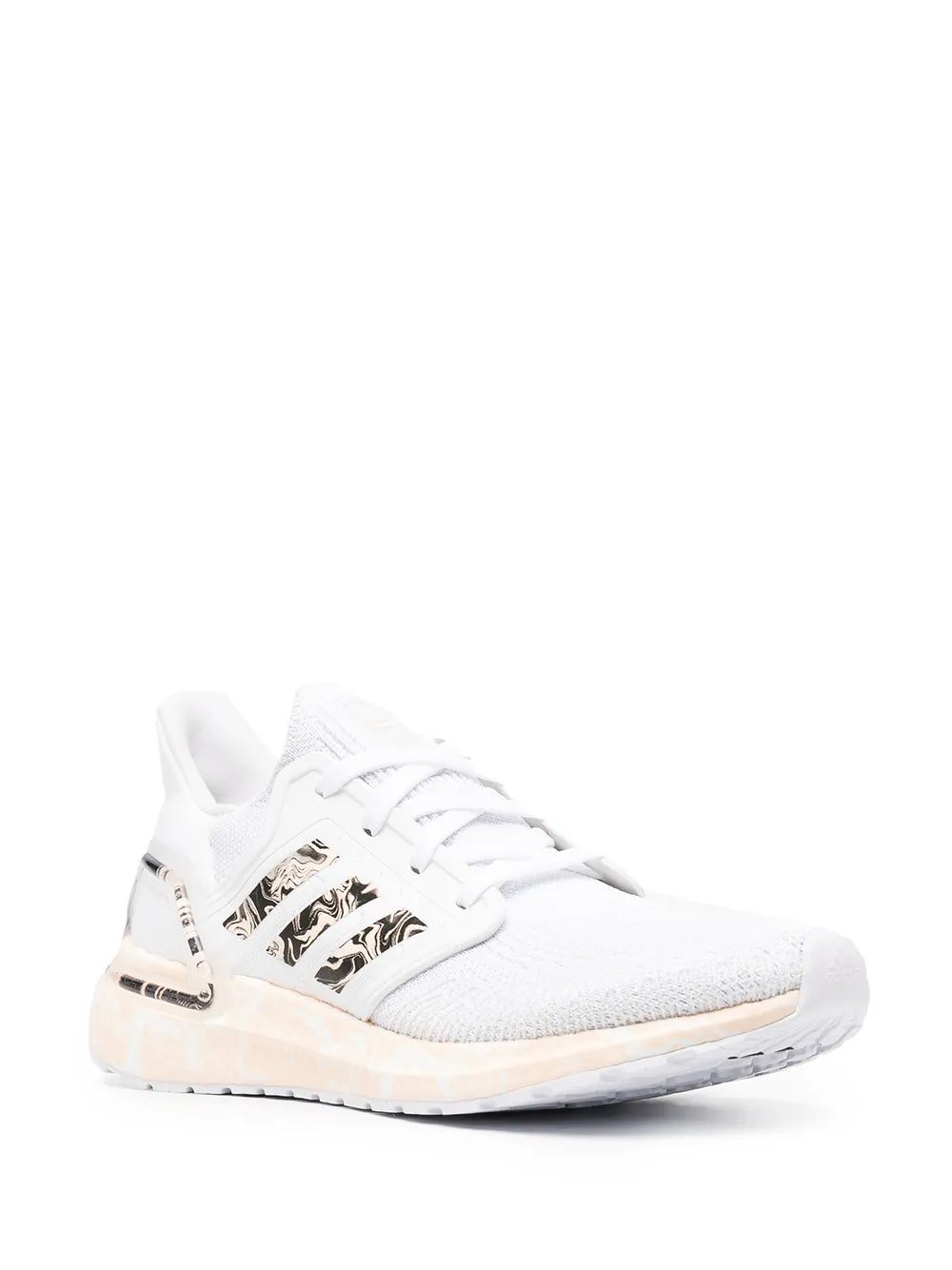 adidas Ultraboost 20 low-top sneaker, side view, white knit and gold/black accents