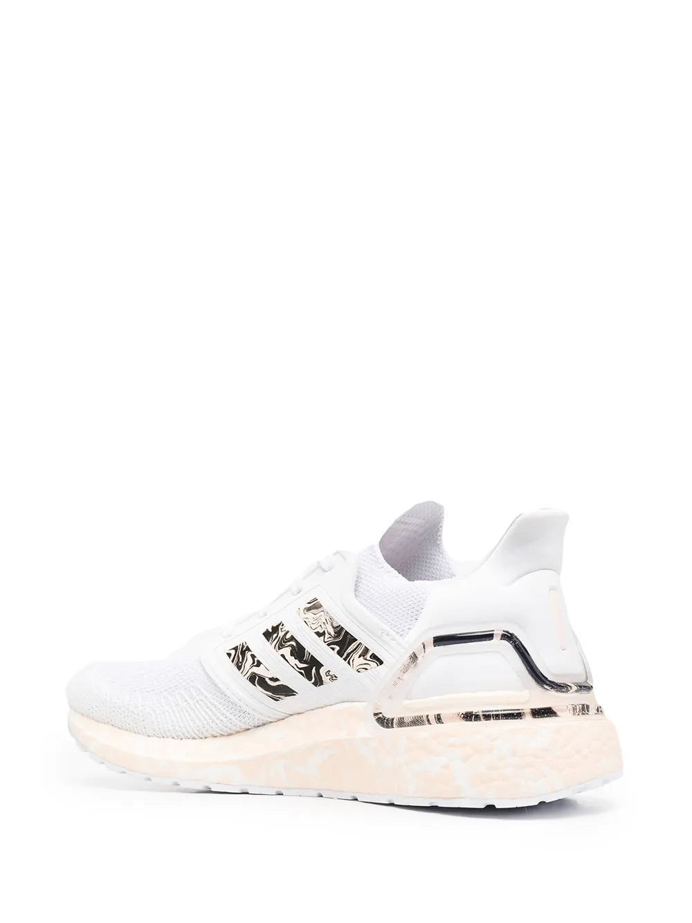 adidas Ultraboost 20 low-top sneaker, angled view, white knit with metallic heel cage
