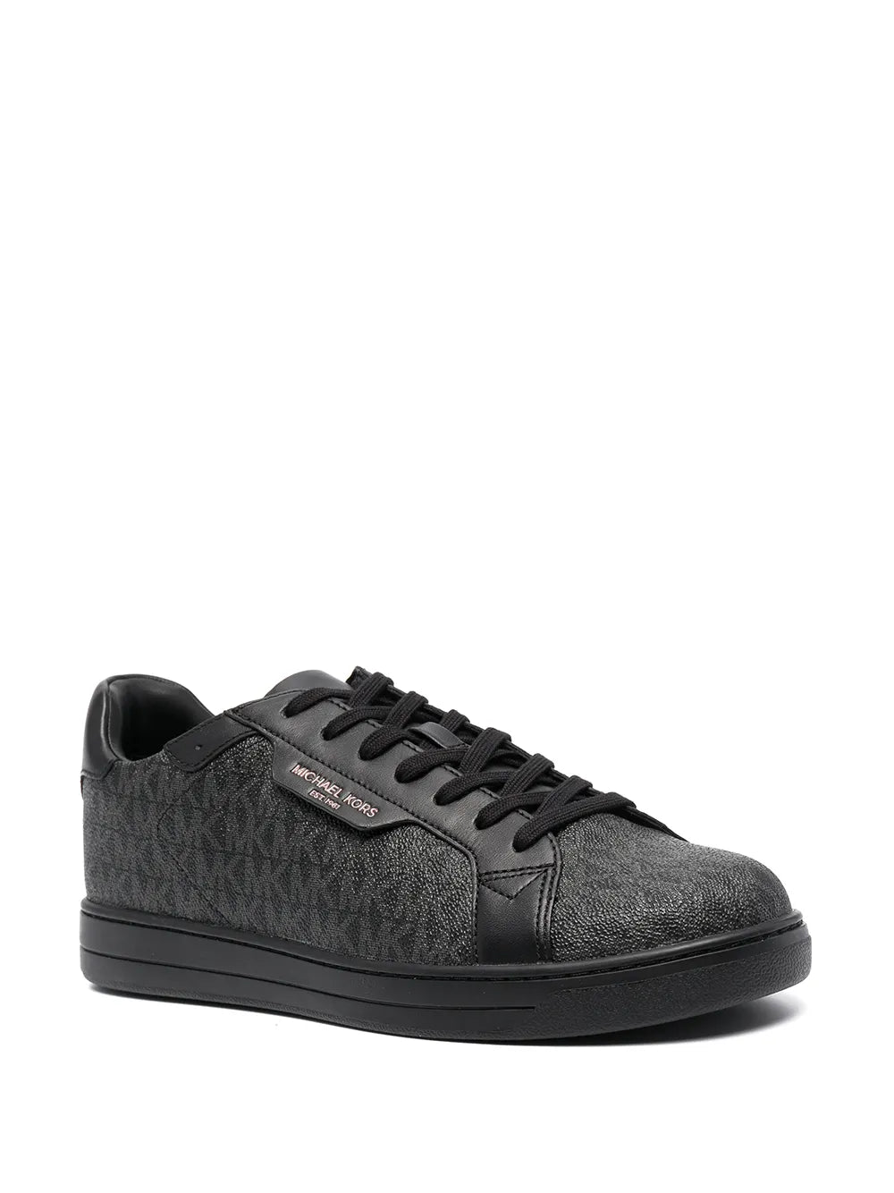 Monogram print sneakers with lace-up front, dark textured uppers and black rubber sole