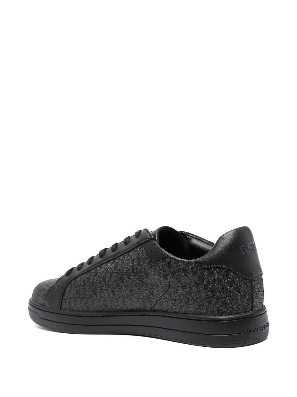 Monogram print sneakers, side view with black laces and logo on heel tab