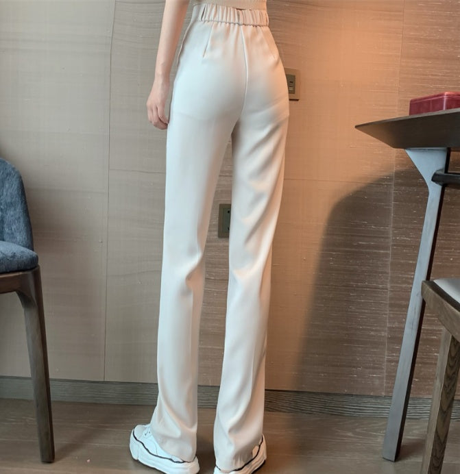 Women’s wide-leg pants, light cream with elastic waistband and flowing wide legs