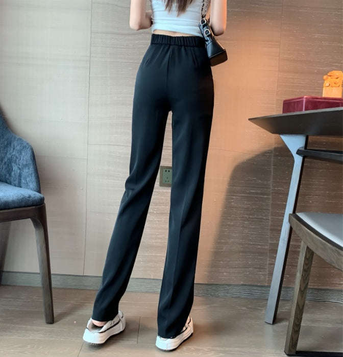 Women’s wide-leg pants in dark navy, elastic waist and relaxed straight legs