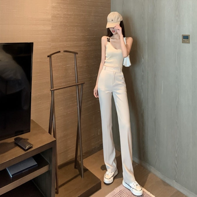 Women’s wide-leg pants, off-white with elastic waistband and long straight fall