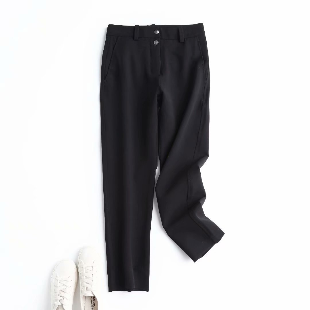Black straight casual trousers with two-button front, belt loops, and side pockets