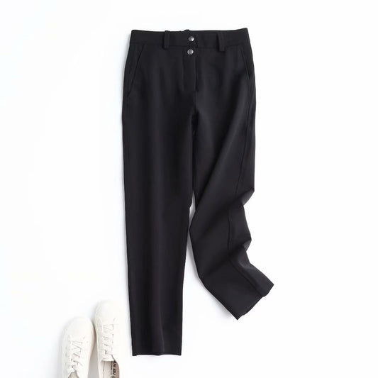 Black straight casual trousers with two-button front, belt loops, and side pockets