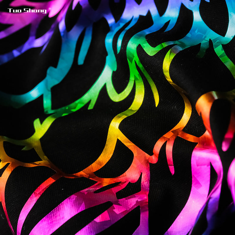 Men's short-sleeve T-shirt, black, vibrant neon multicolor flame pattern close-up