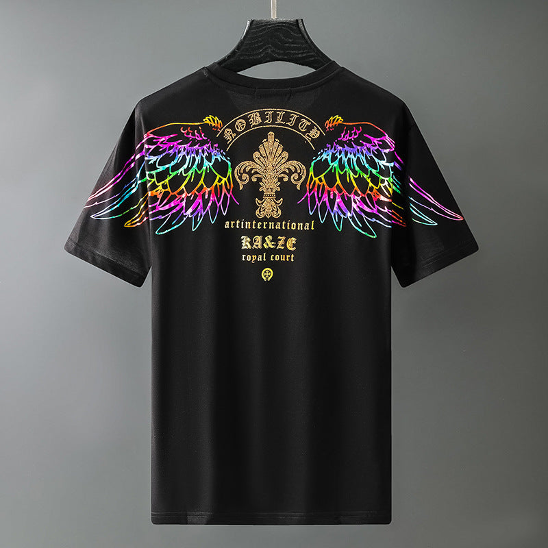Men's short-sleeve T-shirt, black, rainbow wings crest graphic across upper chest