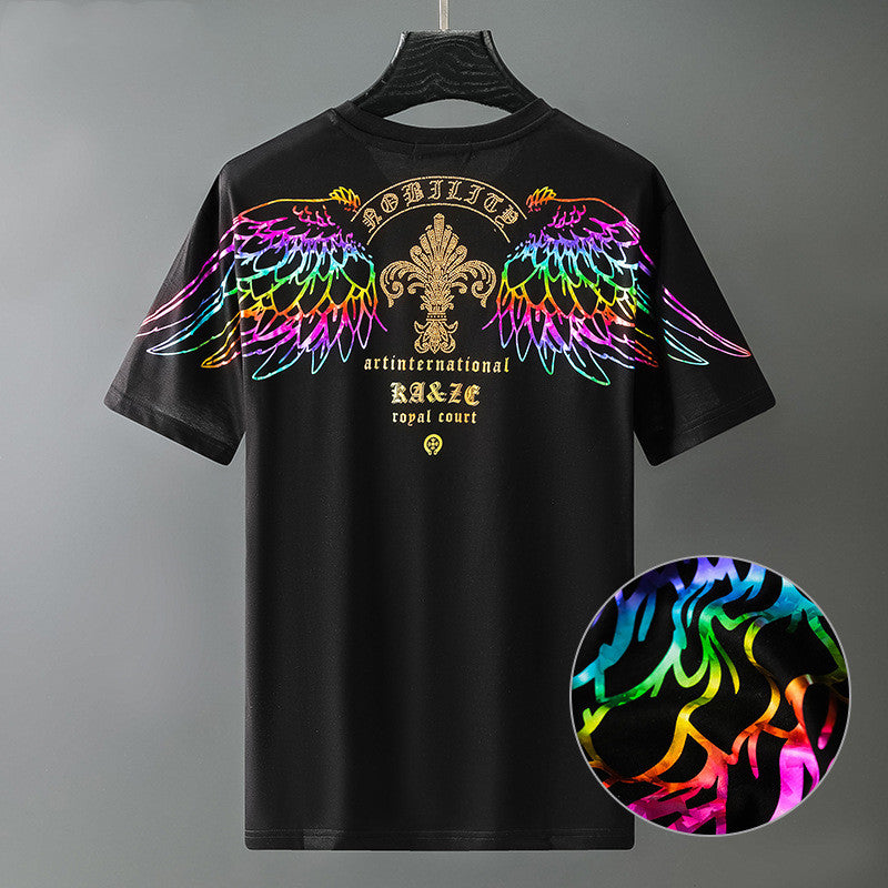 Men's short-sleeve T-shirt, black, colorful wing crest graphic with gold emblem