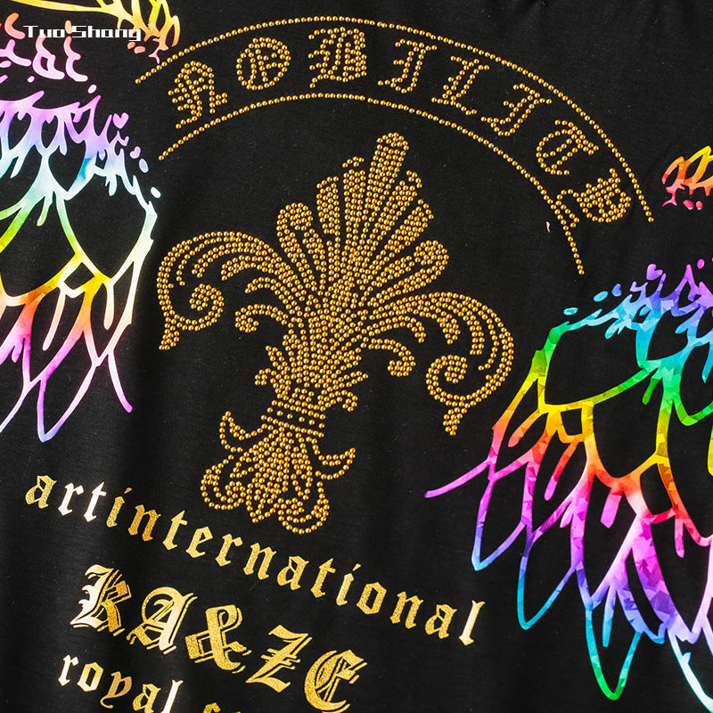 Men's short-sleeve T-shirt, black, gold rhinestone face and arc design close-up