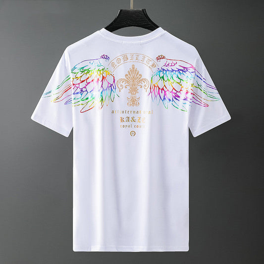 Men's short-sleeve T-shirt, white, multicolor angel wing graphic on chest