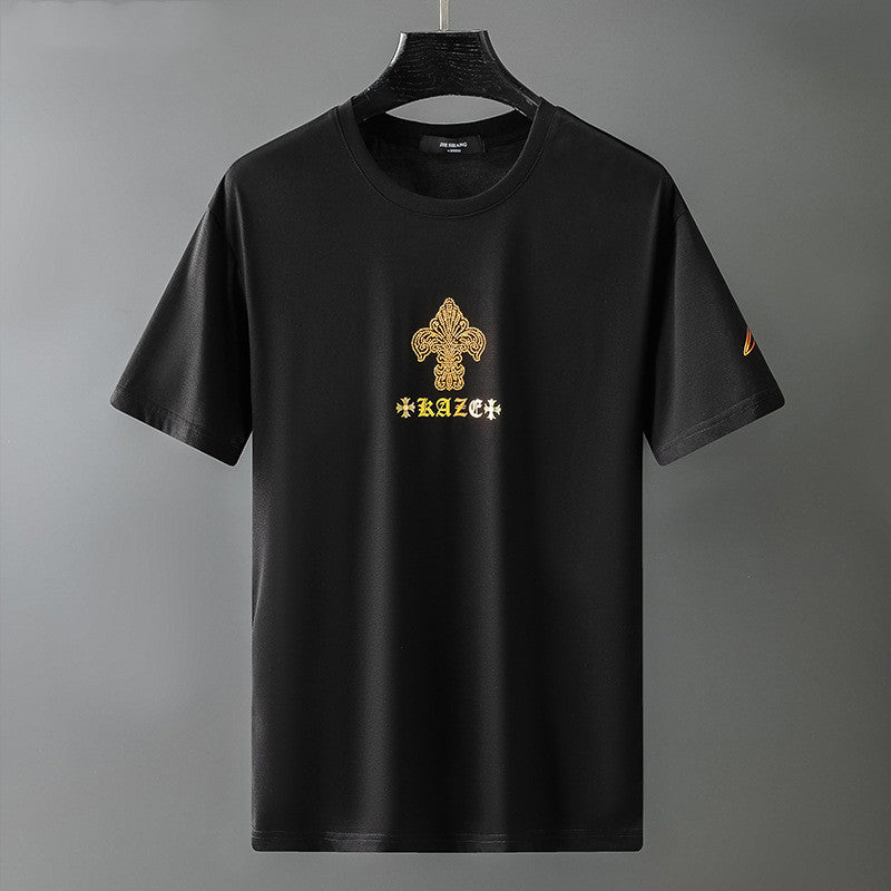 Men's short-sleeve T-shirt, black, small gold fleur-de-lis style chest logo