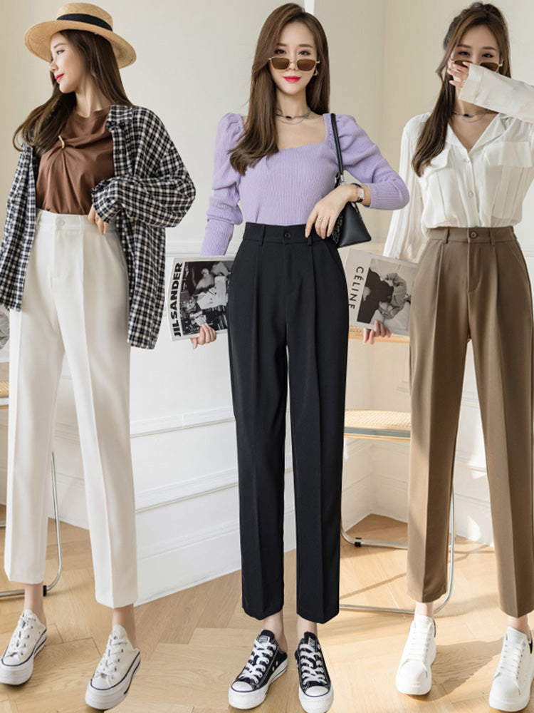 Casual pipe pants in black, white, and brown with pleated front and belt loops