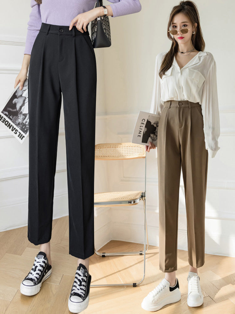 Casual pipe pants in black and brown with pleated front, straight legs, belt loops