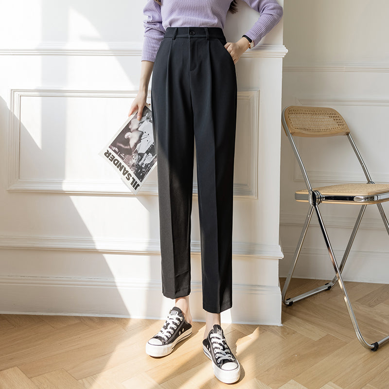 Black casual pipe pants with pleated front, straight legs, belt loops