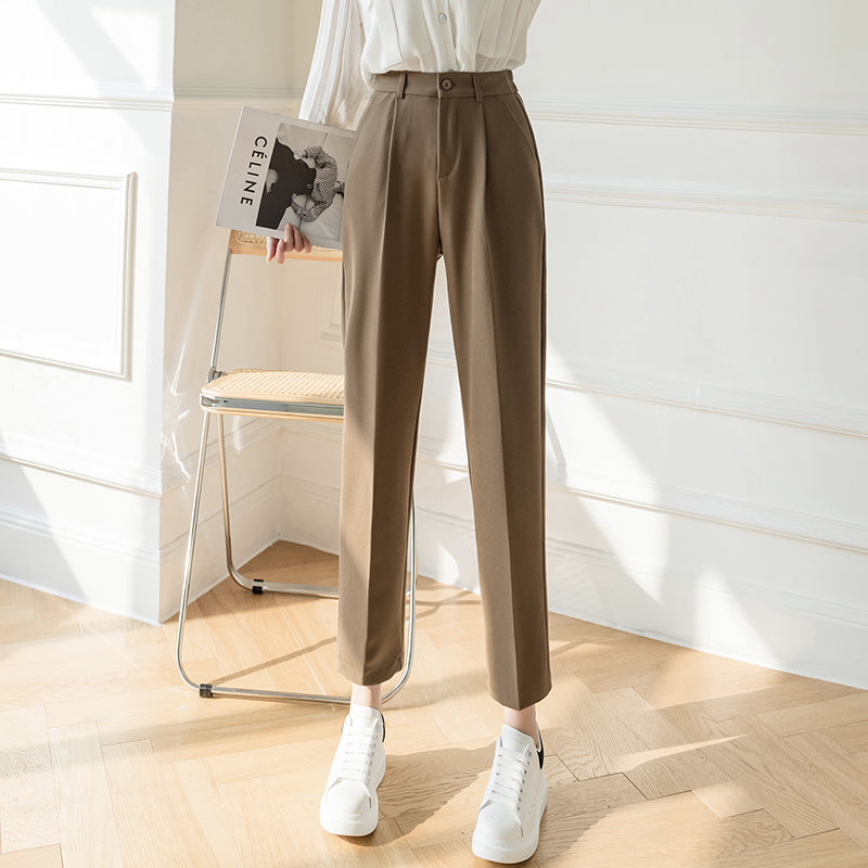 Brown casual pipe pants with pleated front, straight legs, button waist, belt loops
