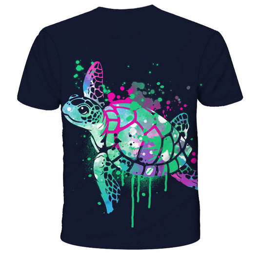 Dark short-sleeve T-shirt with colorful splash turtle graphic on the front.