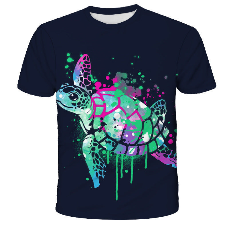 Crew-neck dark short-sleeve T-shirt featuring a neon turtle artwork with splatter.