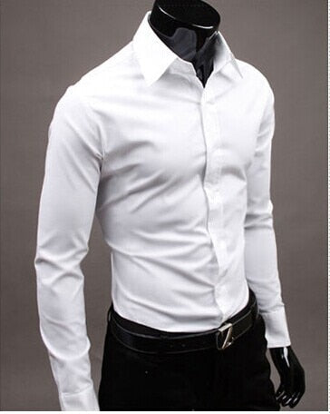 White button-up dress shirt with long sleeves and pointed collar
