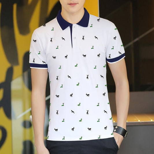 White thin polo shirt with navy collar and scattered animal graphic print.
