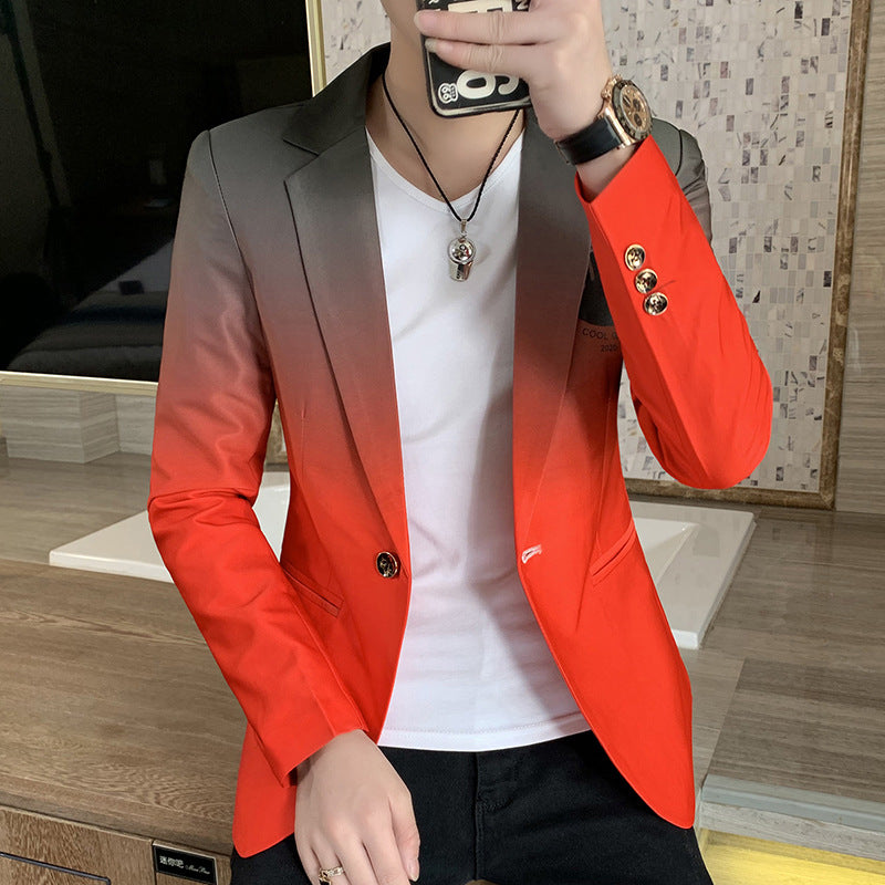 Red-orange ombre dress blazer with notch lapels and gold button details