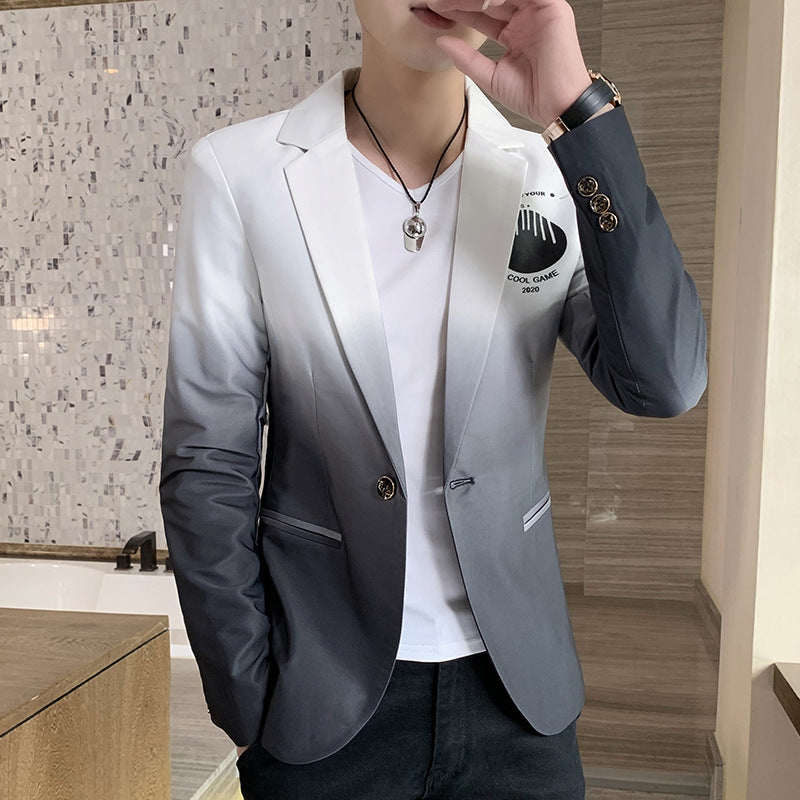 Dark blue single-breasted dress blazer with notch lapels and gold buttons