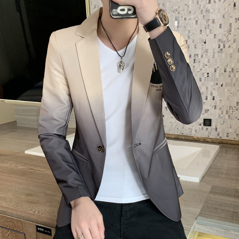 Light khaki single-breasted dress blazer with notch lapels and gold buttons