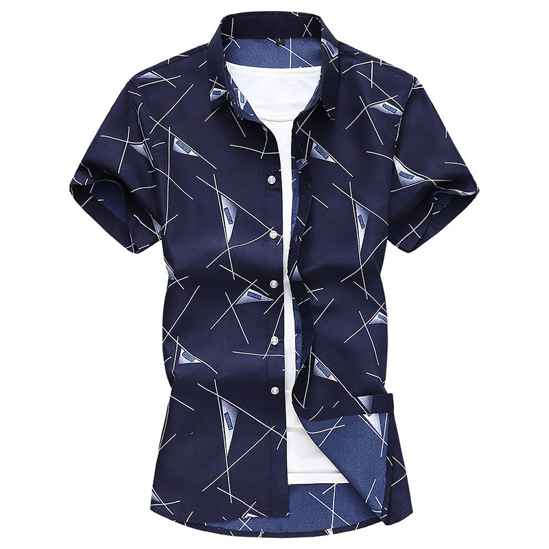 Men's dress shirt in dark navy with white geometric line pattern and button front
