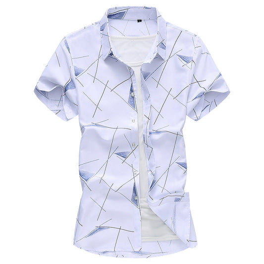 Men's dress shirt in light blue with geometric line print and short sleeves