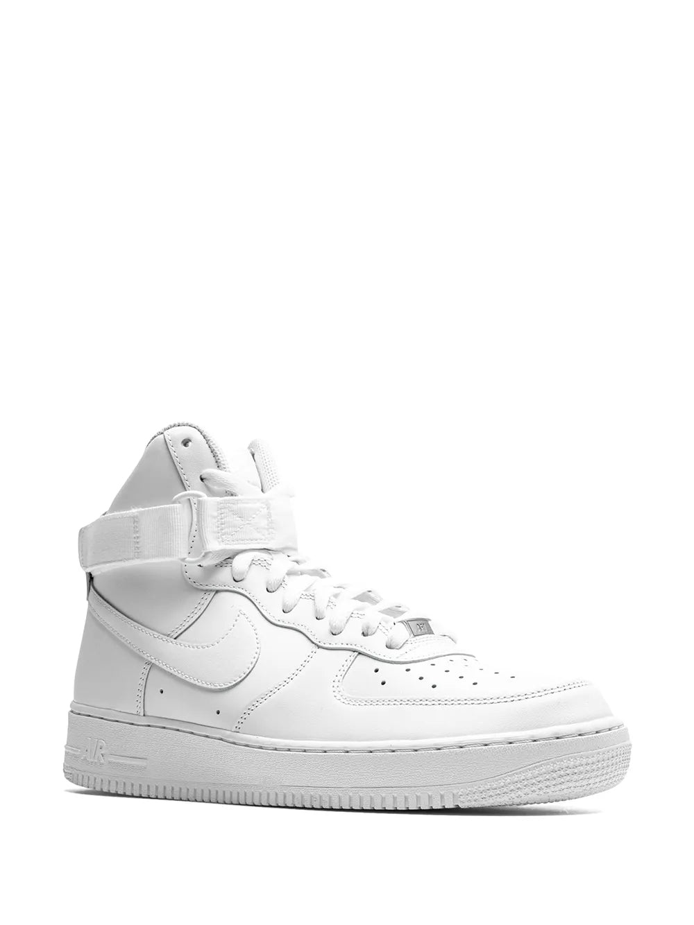 Nike Air Force 1 High triple white leather sneakers, angled front view with laces