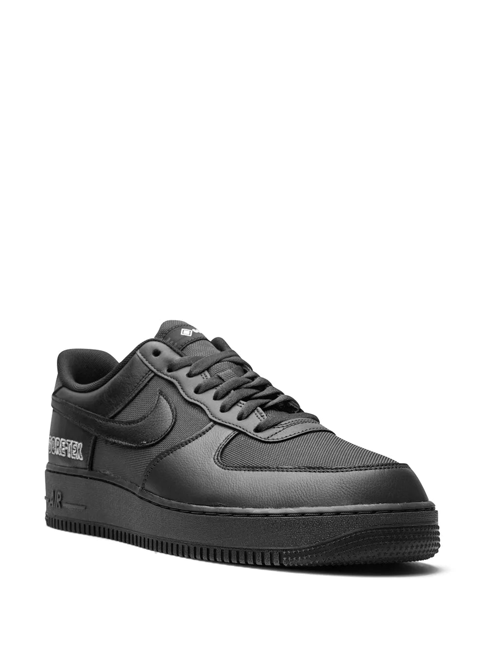 Nike Air Force 1 Low Gore-Tex black sneakers, three-quarter lace-up view
