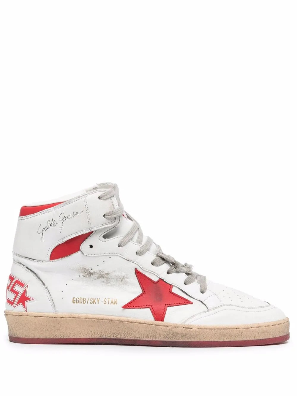 Sky-Star high-top sneakers with red star, gray laces, white leather, beige outsole