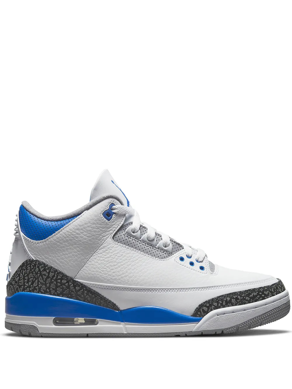 White, blue and dark gray Air Jordan 3 Retro sneakers with lace-up front