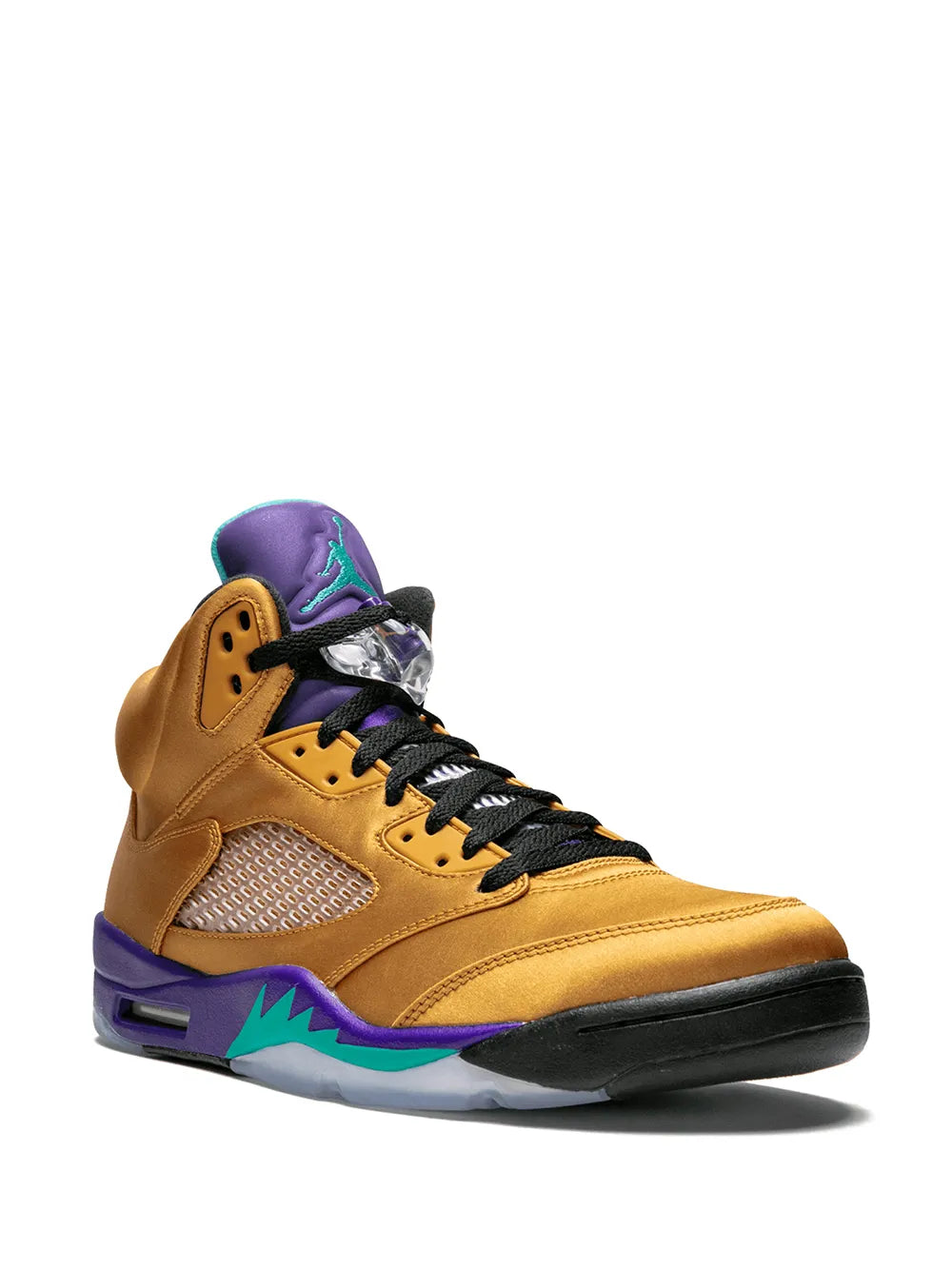 Air Jordan 5 Retro sneakers, tan leather with black laces and purple/teal accents