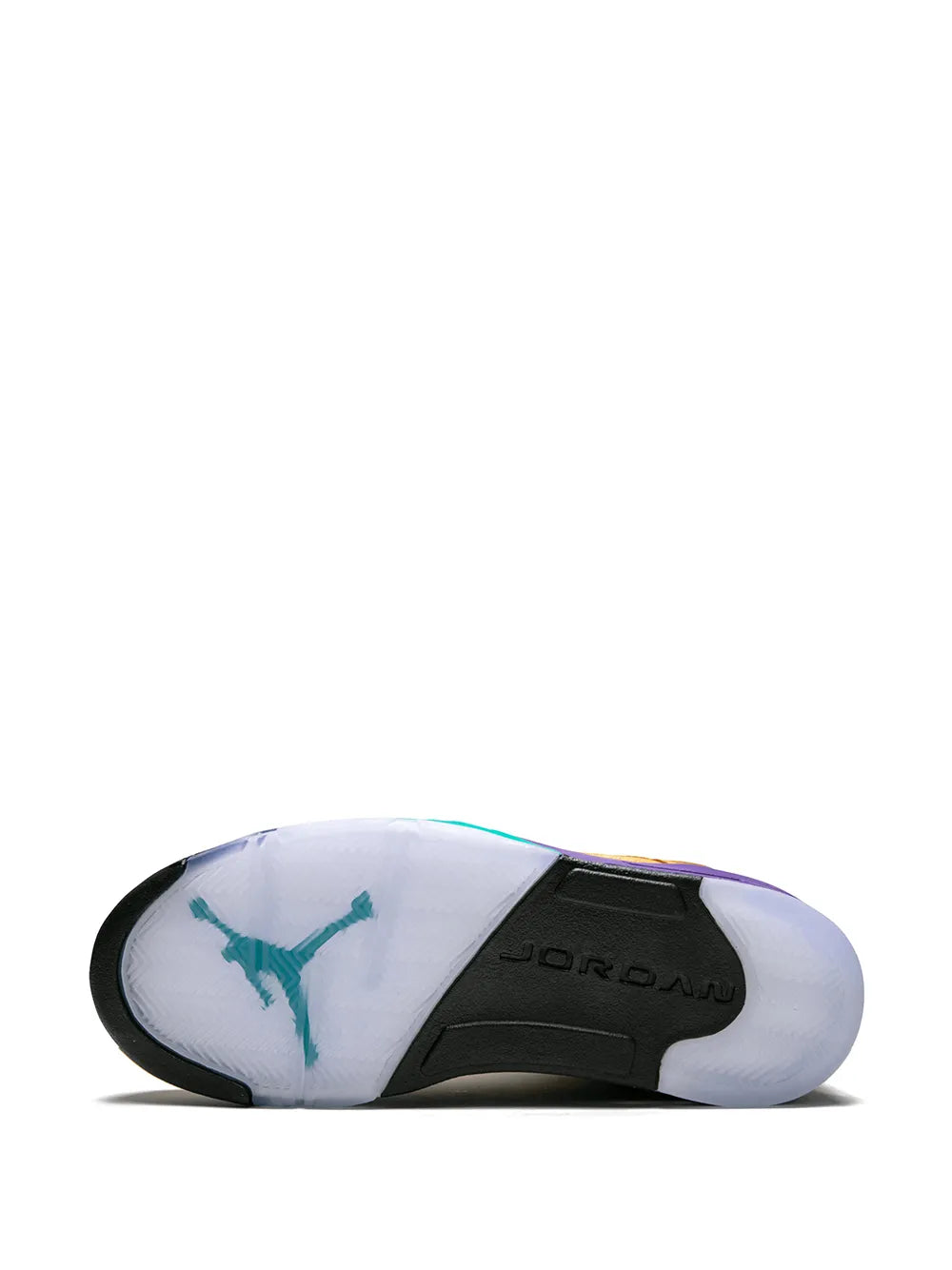 Air Jordan 5 Retro outsole, white tread with teal Jumpman logo and black edge