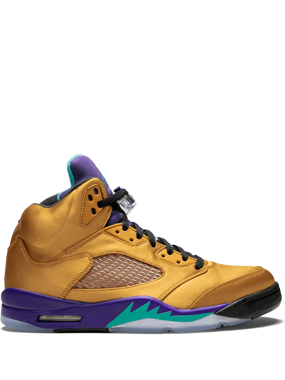 Air Jordan 5 Retro sneakers, tan upper with purple panels and teal lightning graphic