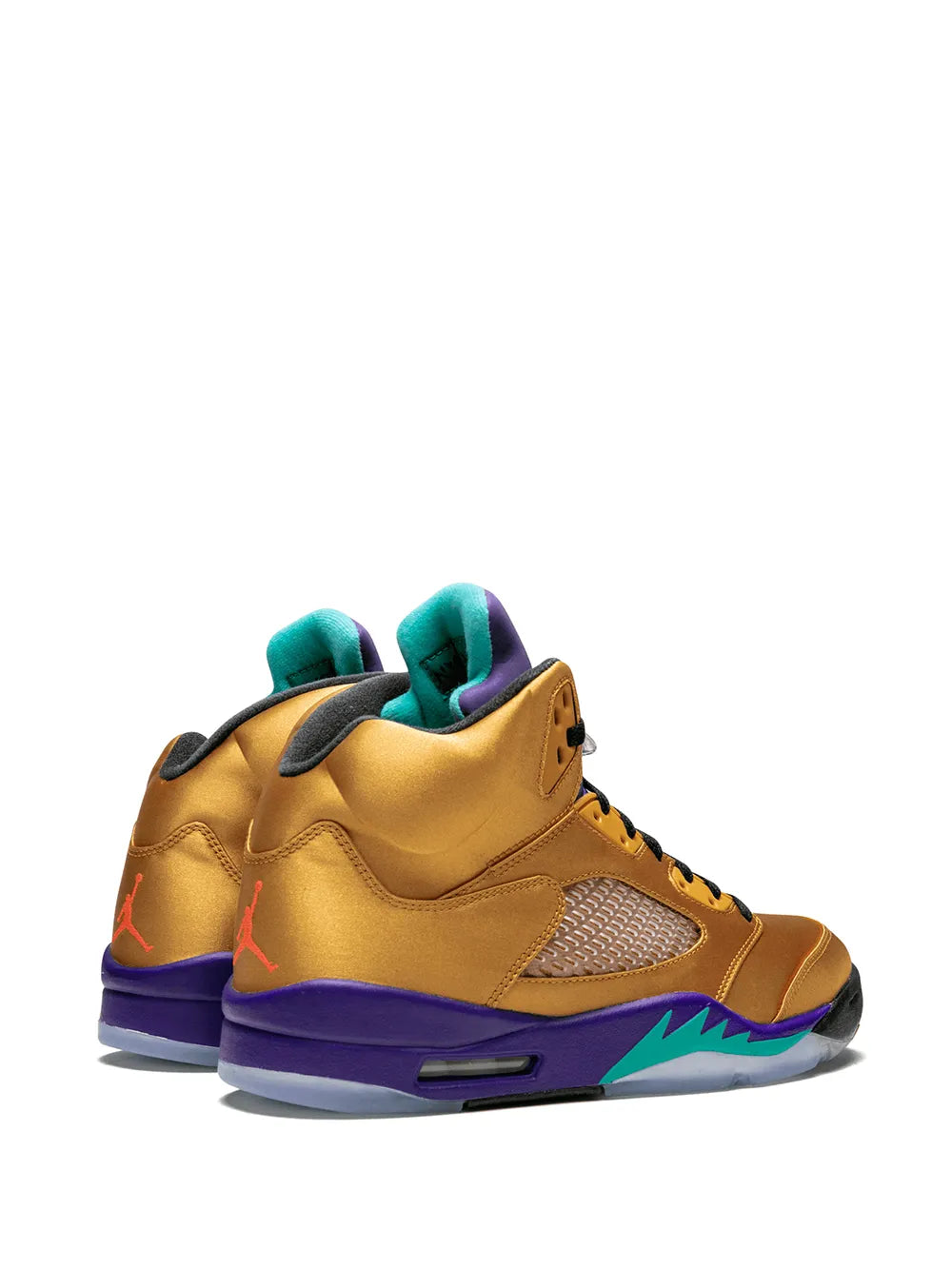 Air Jordan 5 Retro sneakers, tan upper with teal lining, purple heel and side teal logo