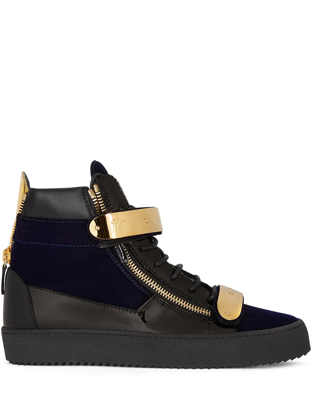 Mid-top sneakers with double gold-tone ankle straps, dark blue panels, lace-up and zip