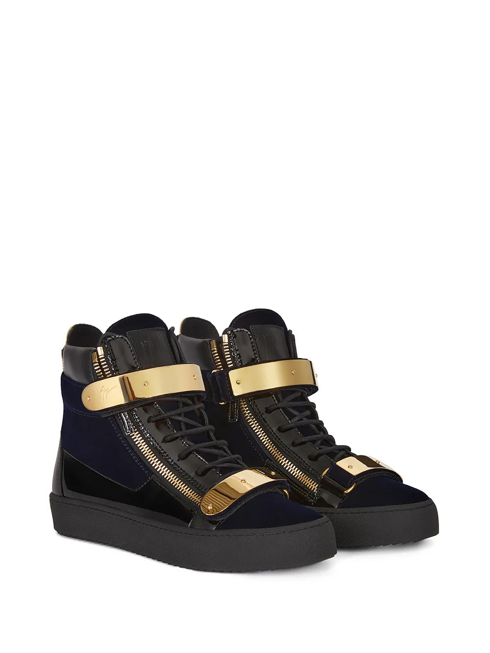 Mid-top sneakers, dark blue uppers with gold-tone straps and zippers, lace-up design