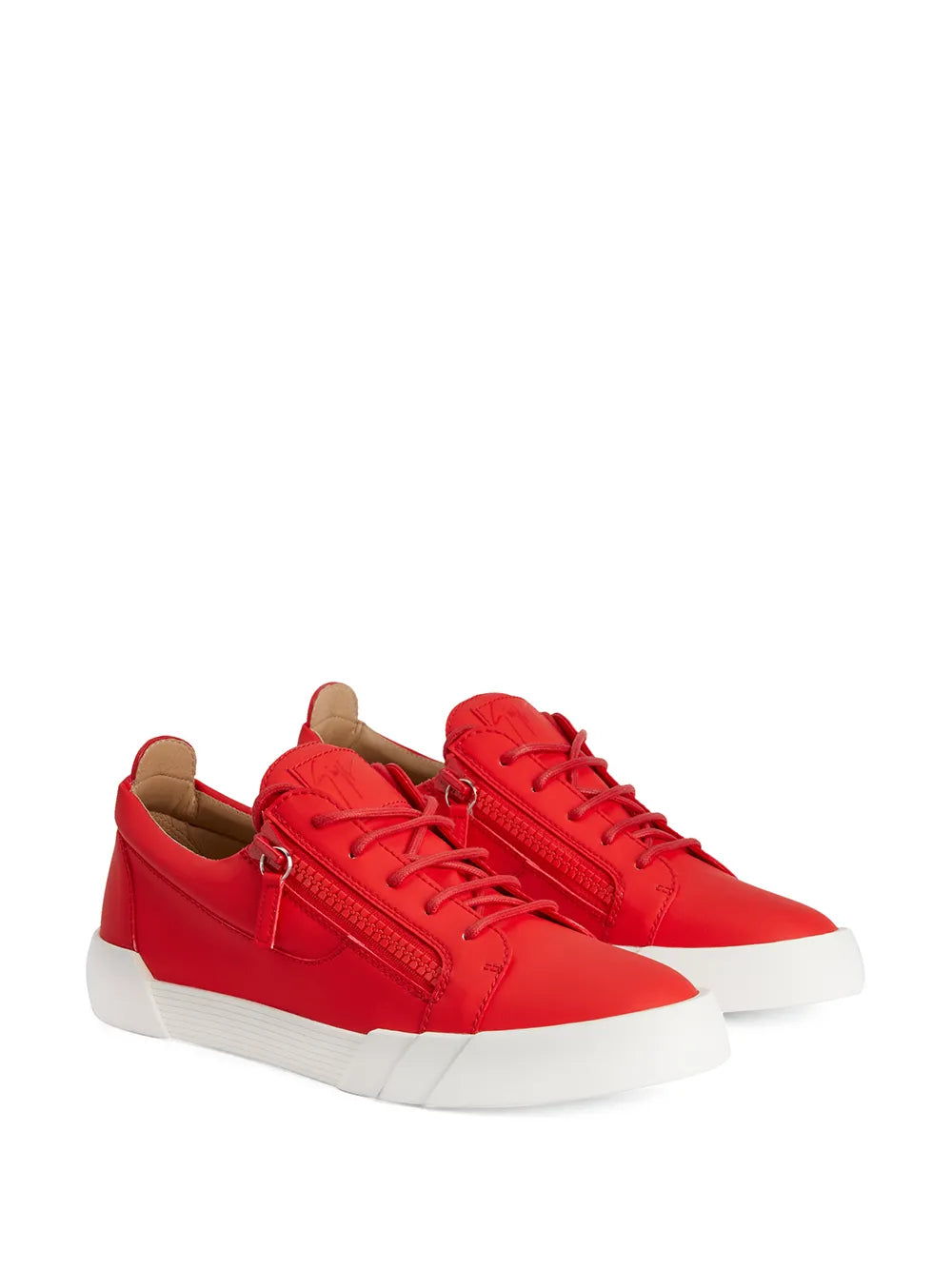 Red sneakers pair, lace-up with side zip detail and white rubber sole