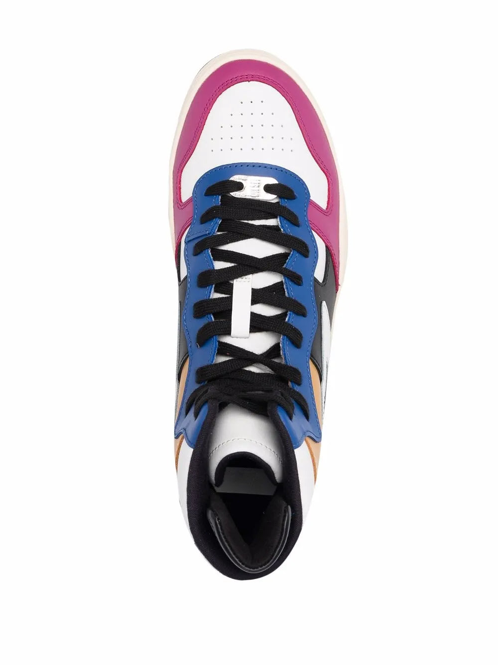 Diesel high-top leather sneakers front view, black laces on blue and white panels